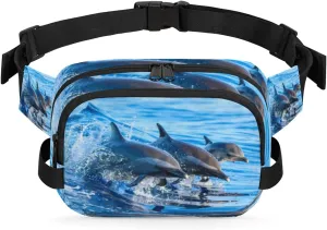 Fanny Pack for Women Men Cute Dolphin Pattern Crossbody Belt Bag with 3 Zipper Pockets Fashion Waterproof Waist Pack with Adjustable Strap for Travel Running Hiking Cycling