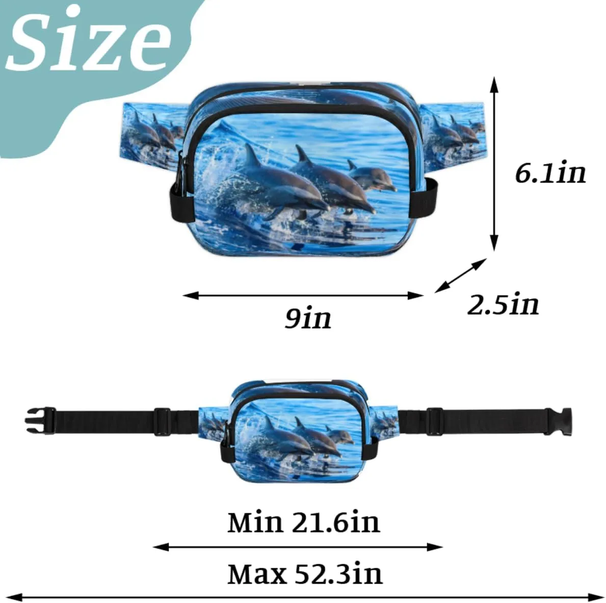 Fanny Pack for Women Men Cute Dolphin Pattern Crossbody Belt Bag with 3 Zipper Pockets Fashion Waterproof Waist Pack with Adjustable Strap for Travel Running Hiking Cycling
