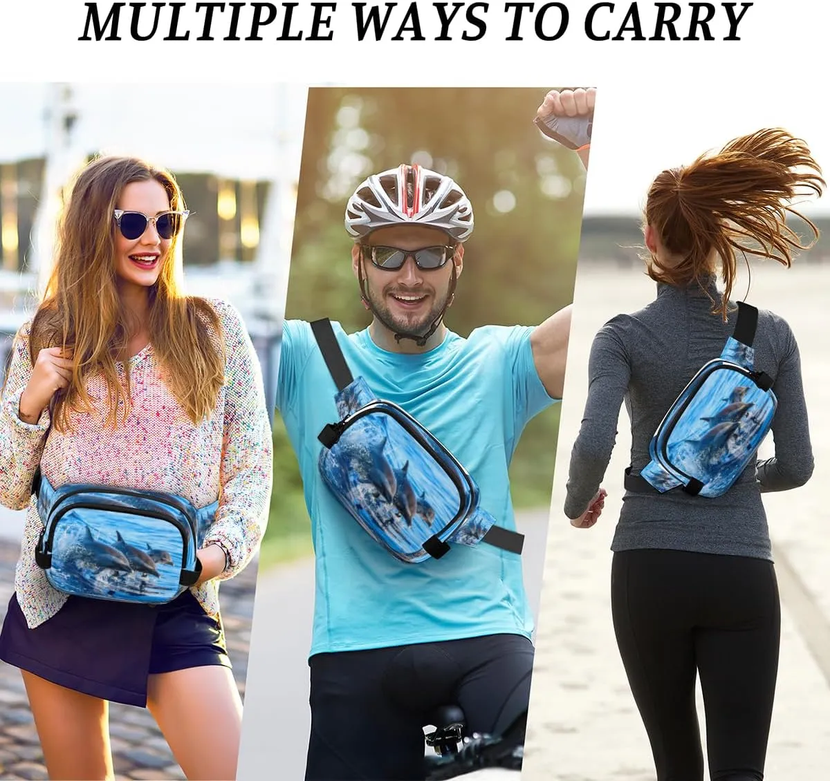Fanny Pack for Women Men Cute Dolphin Pattern Crossbody Belt Bag with 3 Zipper Pockets Fashion Waterproof Waist Pack with Adjustable Strap for Travel Running Hiking Cycling
