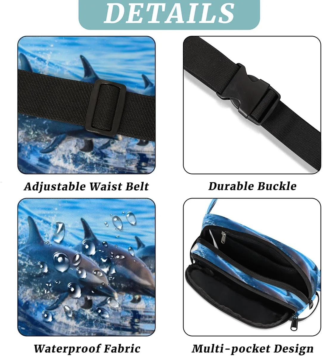 Fanny Pack for Women Men Cute Dolphin Pattern Crossbody Belt Bag with 3 Zipper Pockets Fashion Waterproof Waist Pack with Adjustable Strap for Travel Running Hiking Cycling