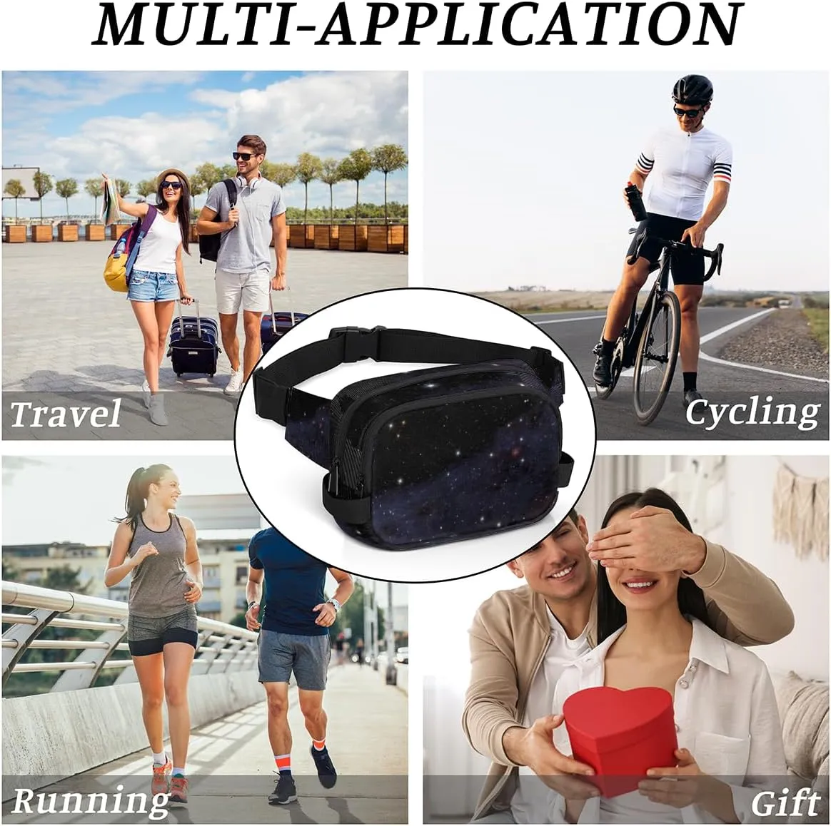 Fanny Pack for Women Men Galaxy Star Crossbody Belt Bag with 3 Zipper Pockets Fashion Waterproof Waist Pack with Adjustable Strap for Travel Running Hiking Cycling