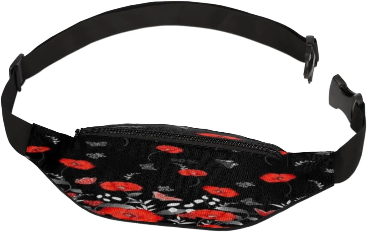 Fanny Pack for Women Men Poppy Butterfly Waist Pack Crossbody Bag with Adjustable Straps for Hiking Running Walking Travel Cycling