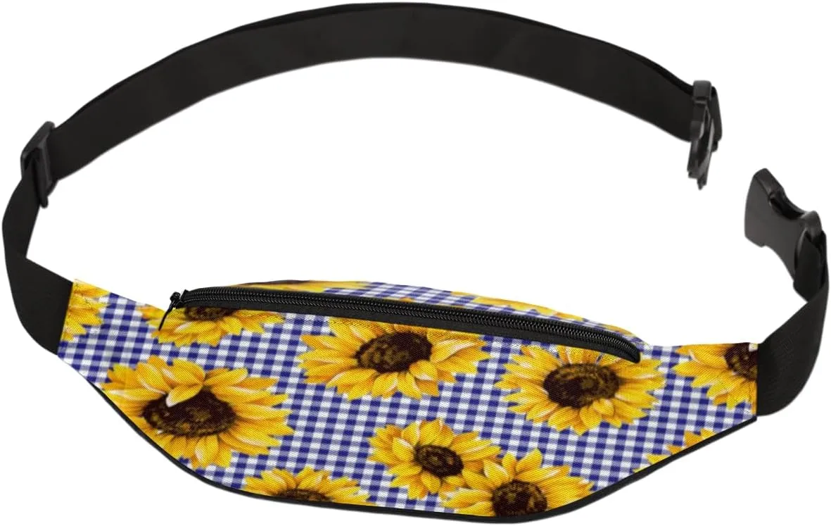 Fanny Pack for Women Men Waist Pack Sunflower Blue Grid Crossbody Bag with Adjustable Straps for Hiking Running Walking Travel Cycling