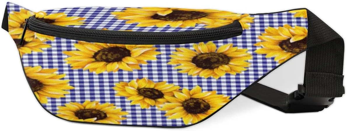 Fanny Pack for Women Men Waist Pack Sunflower Blue Grid Crossbody Bag with Adjustable Straps for Hiking Running Walking Travel Cycling