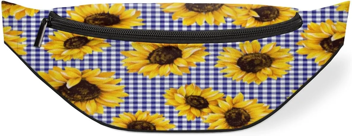 Fanny Pack for Women Men Waist Pack Sunflower Blue Grid Crossbody Bag with Adjustable Straps for Hiking Running Walking Travel Cycling