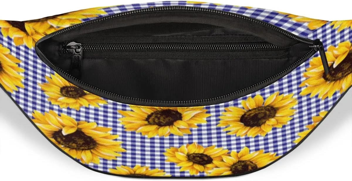 Fanny Pack for Women Men Waist Pack Sunflower Blue Grid Crossbody Bag with Adjustable Straps for Hiking Running Walking Travel Cycling