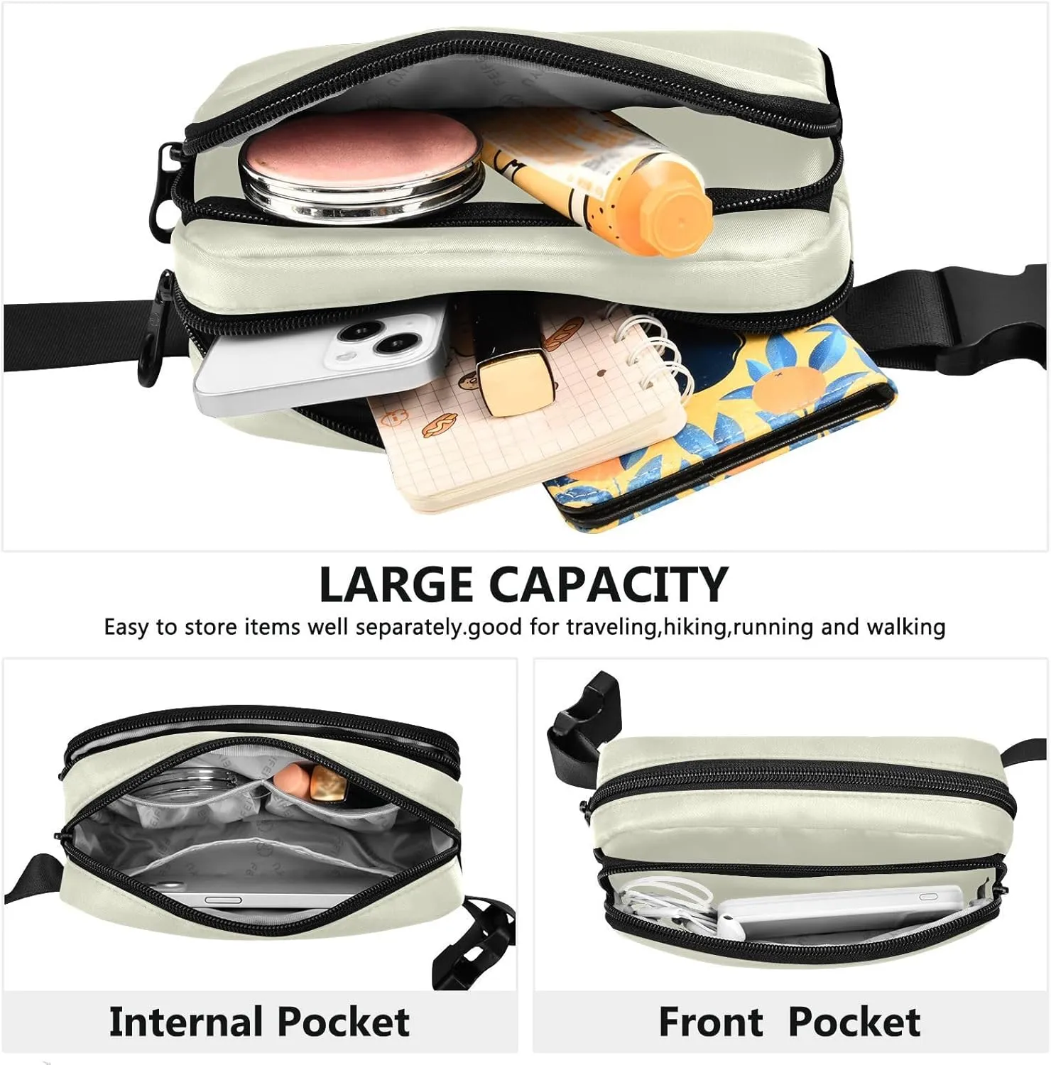 Fanny Pack for Women Men with Zipper Beige Fashion Waist Pack, Small Cross Body bags for Running,Hiking,Cycling,Travel 20806