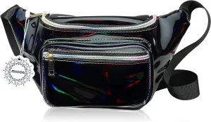 Fanny Pack for Women Party Waist Festival Money Belt Leather Pouch Concert Holographic Wallet Bum Bag (Black)