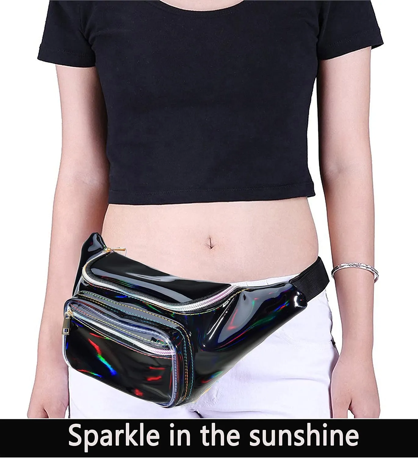 Fanny Pack for Women Party Waist Festival Money Belt Leather Pouch Concert Holographic Wallet Bum Bag (Black)