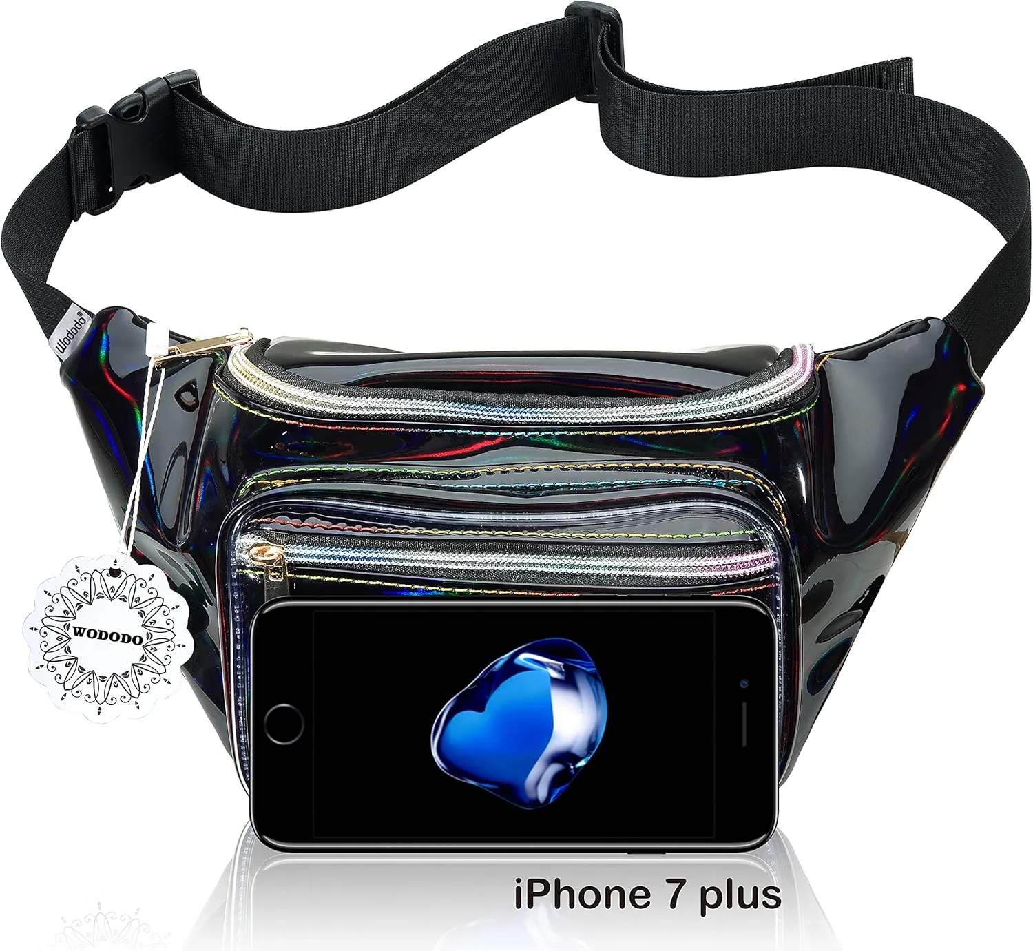 Fanny Pack for Women Party Waist Festival Money Belt Leather Pouch Concert Holographic Wallet Bum Bag (Black)