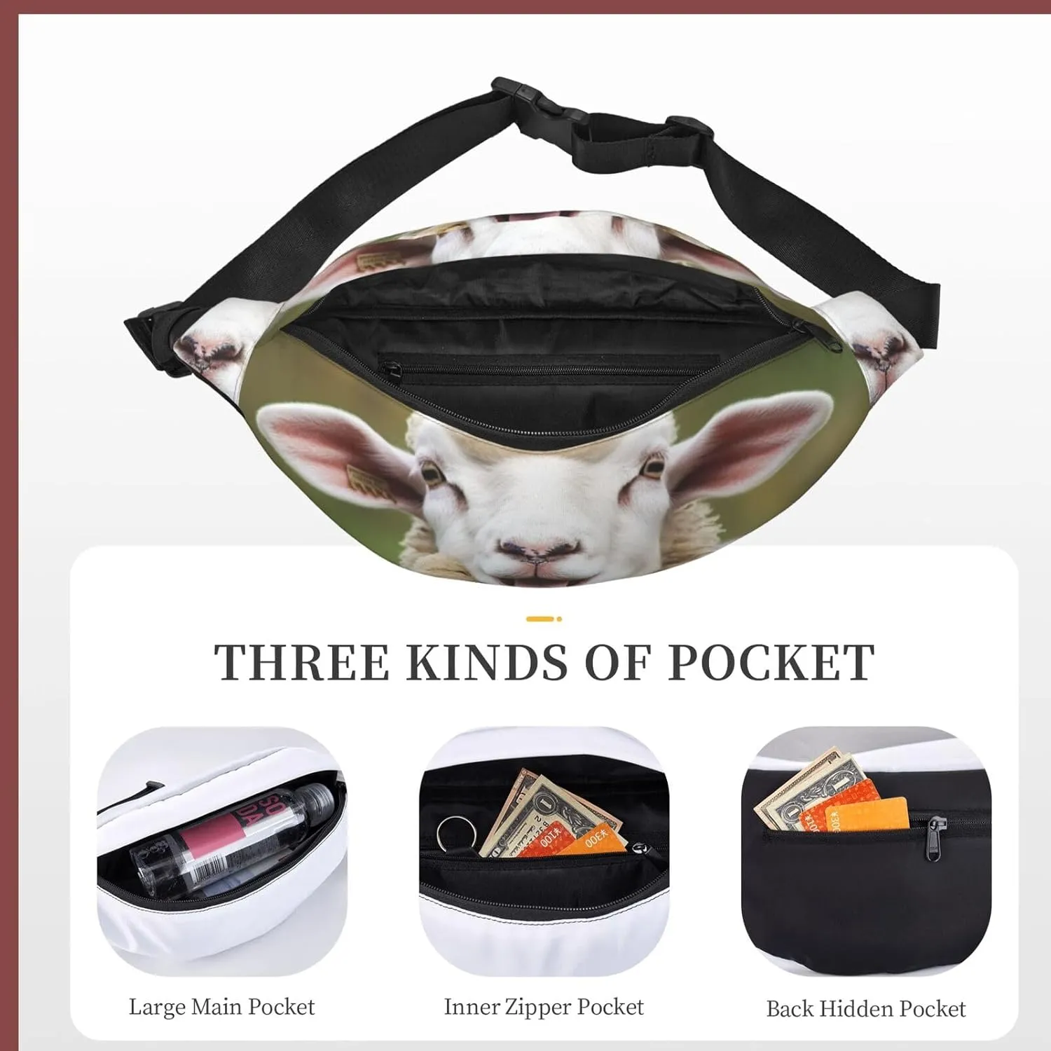 Fanny Pack Funny Naughty Sheep Tongue Cute Animal Waist Pack For Women Men Waterproof Belt Bag With Adjustable Belt Casual Crossbody Bag Travel Waist Bag For Sports Running Cycling