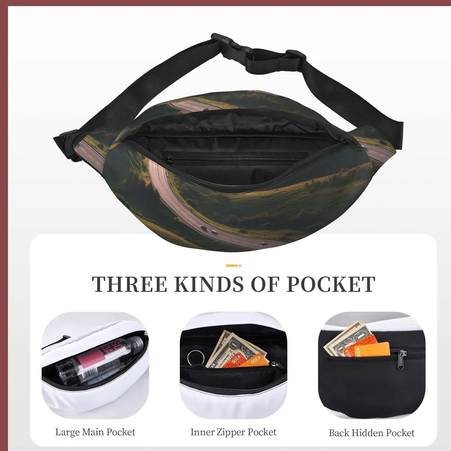 Fanny Pack Winding Highway Waist Pack For Women Men Waterproof Belt Bag With Adjustable Belt Casual Crossbody Bag Travel Waist Bag For Sports Running Cycling
