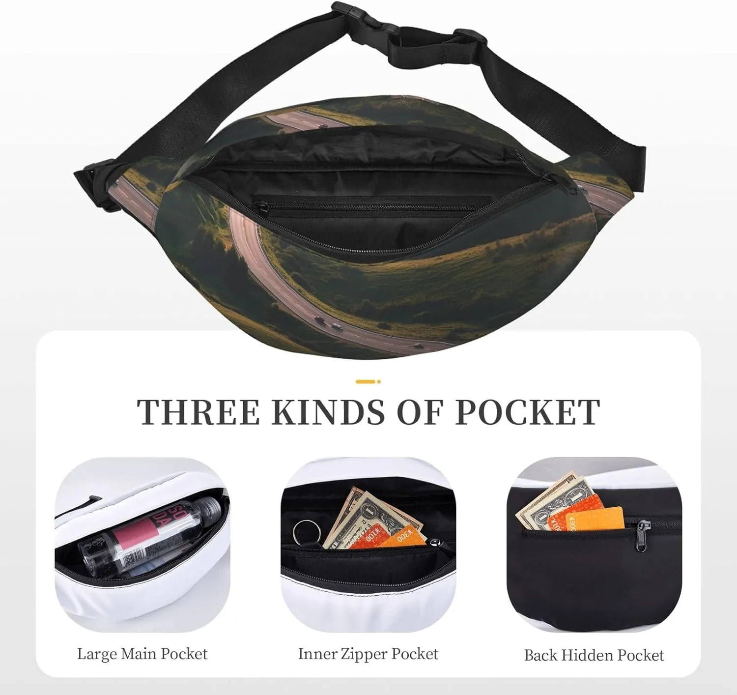 Fanny Pack Winding Highway Waist Pack For Women Men Waterproof Belt Bag With Adjustable Belt Casual Crossbody Bag Travel Waist Bag For Sports Running Cycling
