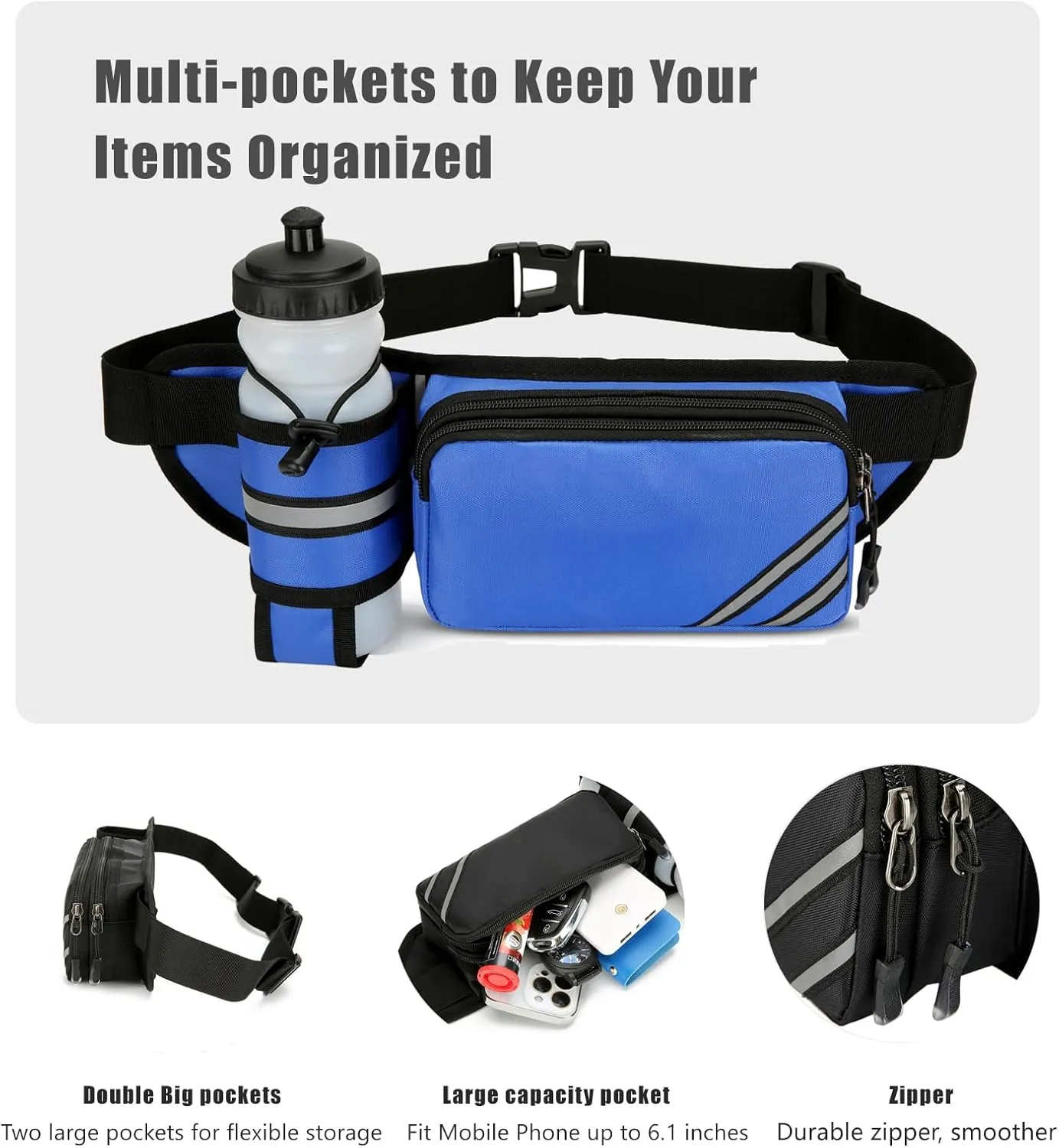 Fanny Pack with Water Bottle Holder for Men Women – Large Hiking Fanny Pack with Adjustable Strap Belt for Cycling Hiking Dog Walking Outdoor, Water Resistant Pack Blue(Bottle Not Included)