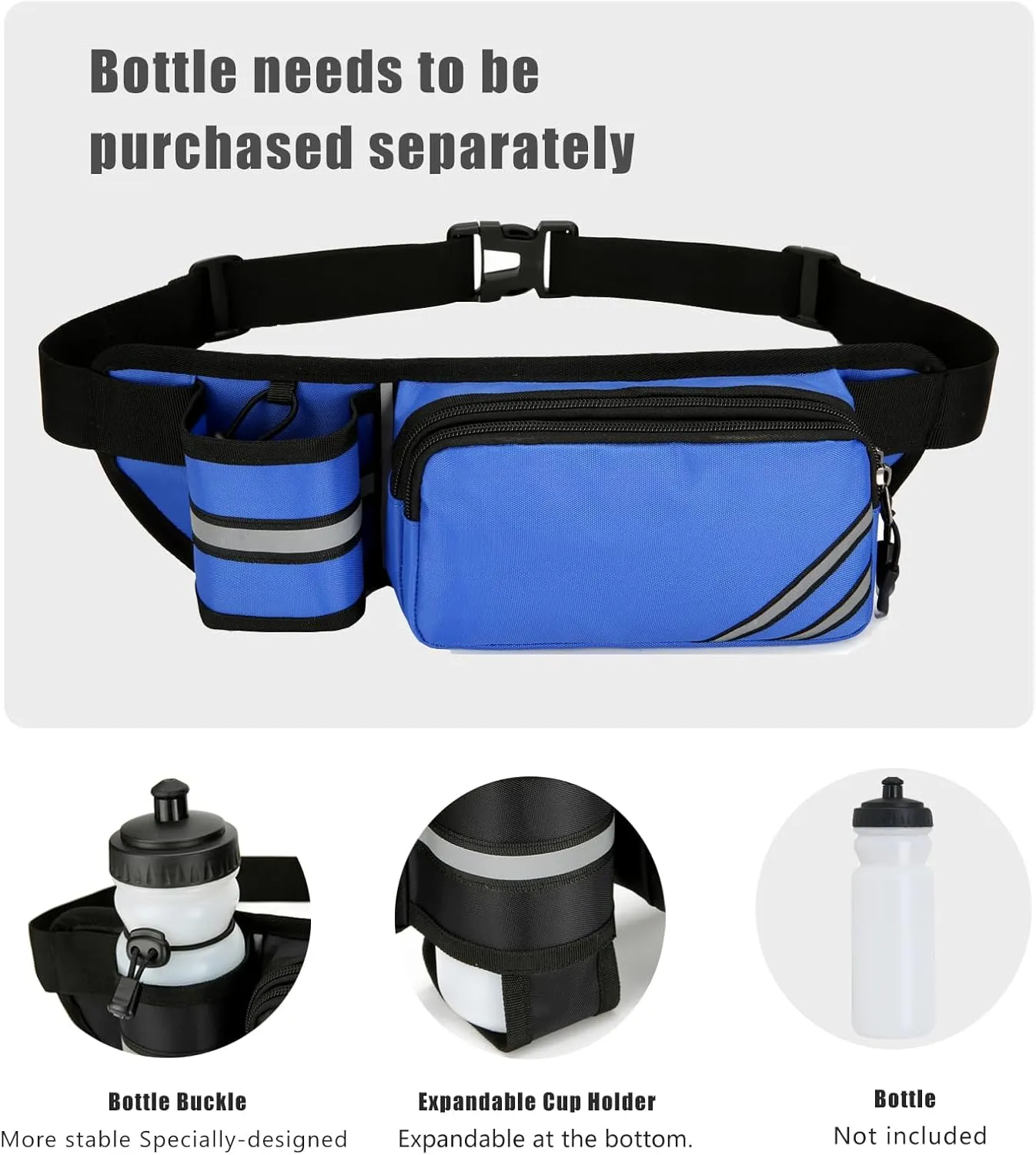 Fanny Pack with Water Bottle Holder for Men Women – Large Hiking Fanny Pack with Adjustable Strap Belt for Cycling Hiking Dog Walking Outdoor, Water Resistant Pack Blue(Bottle Not Included)