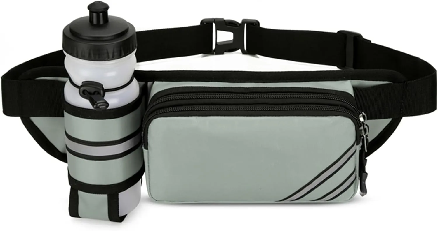 Fanny Pack with Water Bottle Holder for Men Women – Large Hiking Fanny Pack with Adjustable Strap Belt for Cycling Hiking Dog Walking Outdoor, Water Resistant Pack Gray(Bottle Not Included)