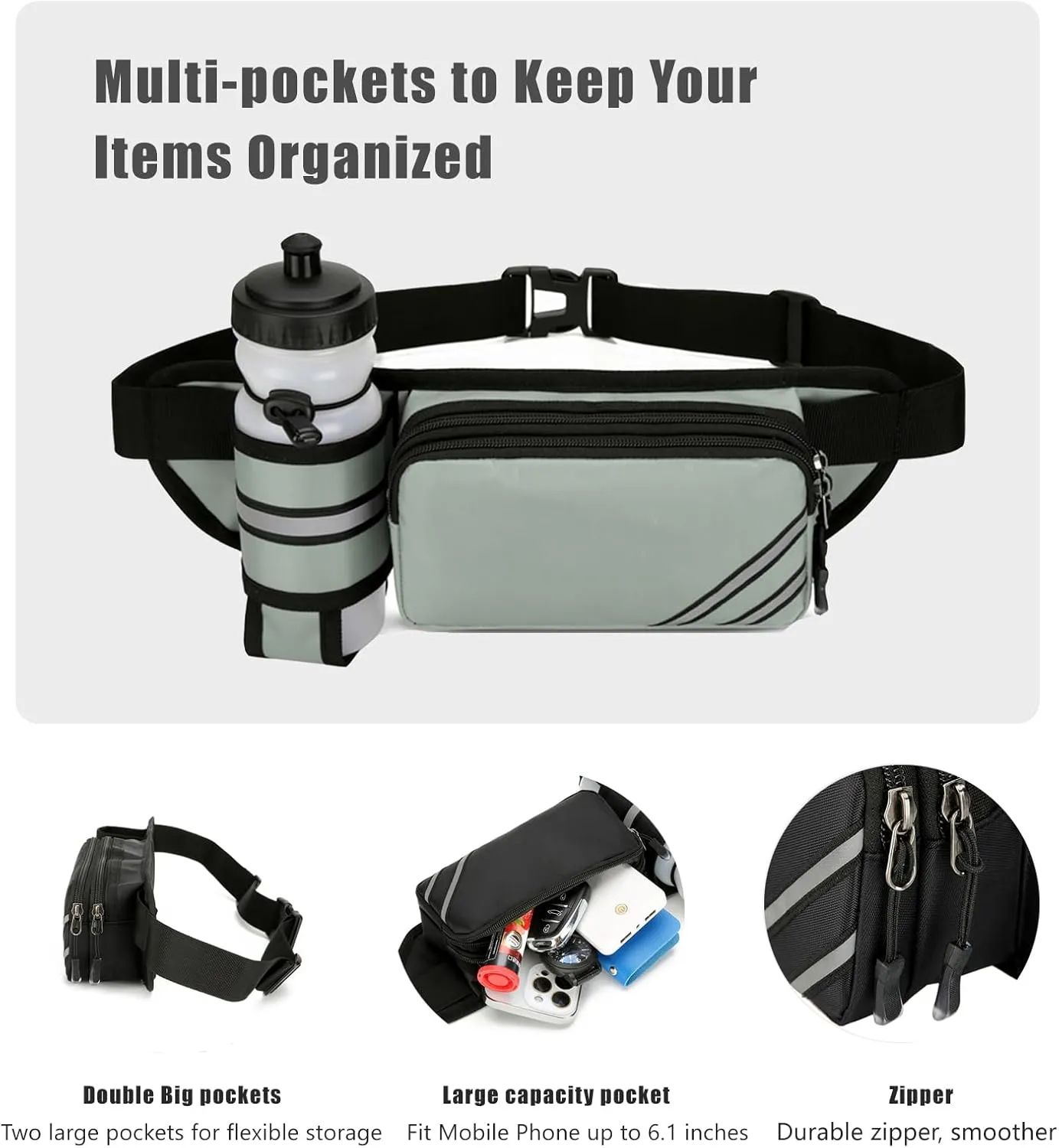 Fanny Pack with Water Bottle Holder for Men Women – Large Hiking Fanny Pack with Adjustable Strap Belt for Cycling Hiking Dog Walking Outdoor, Water Resistant Pack Gray(Bottle Not Included)