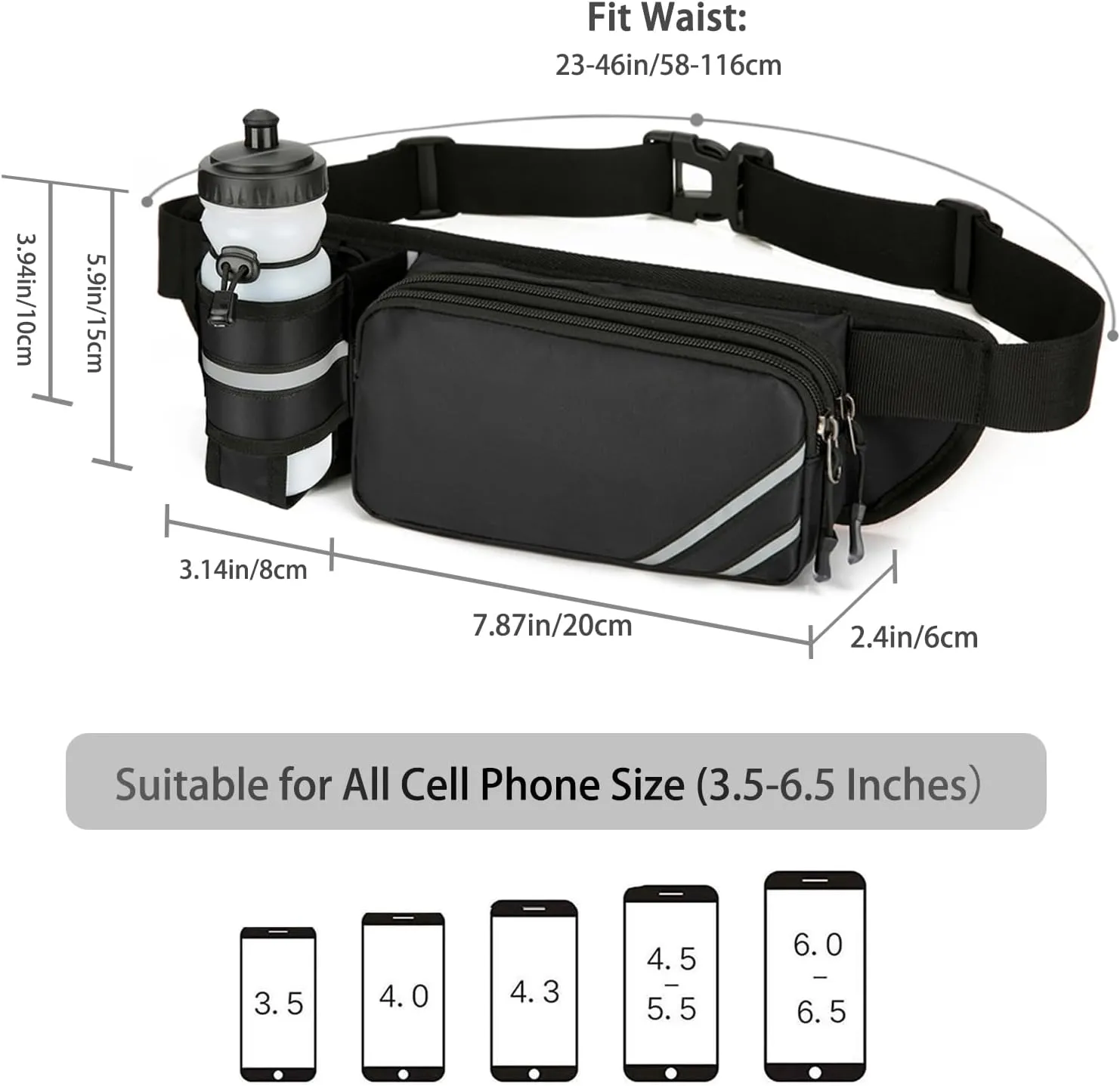 Fanny Pack with Water Bottle Holder for Men Women – Large Hiking Fanny Pack with Adjustable Strap Belt for Cycling Hiking Dog Walking Outdoor, Water Resistant Pack Gray(Bottle Not Included)