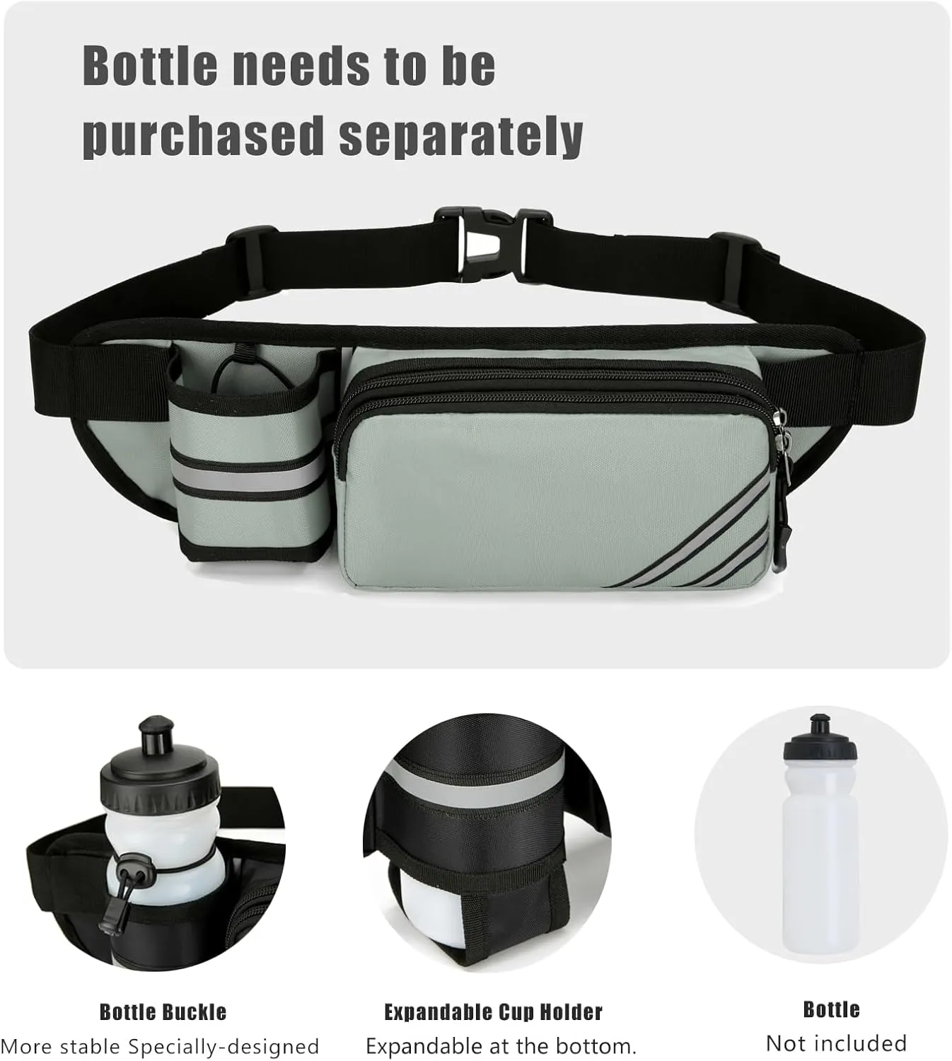 Fanny Pack with Water Bottle Holder for Men Women – Large Hiking Fanny Pack with Adjustable Strap Belt for Cycling Hiking Dog Walking Outdoor, Water Resistant Pack Gray(Bottle Not Included)