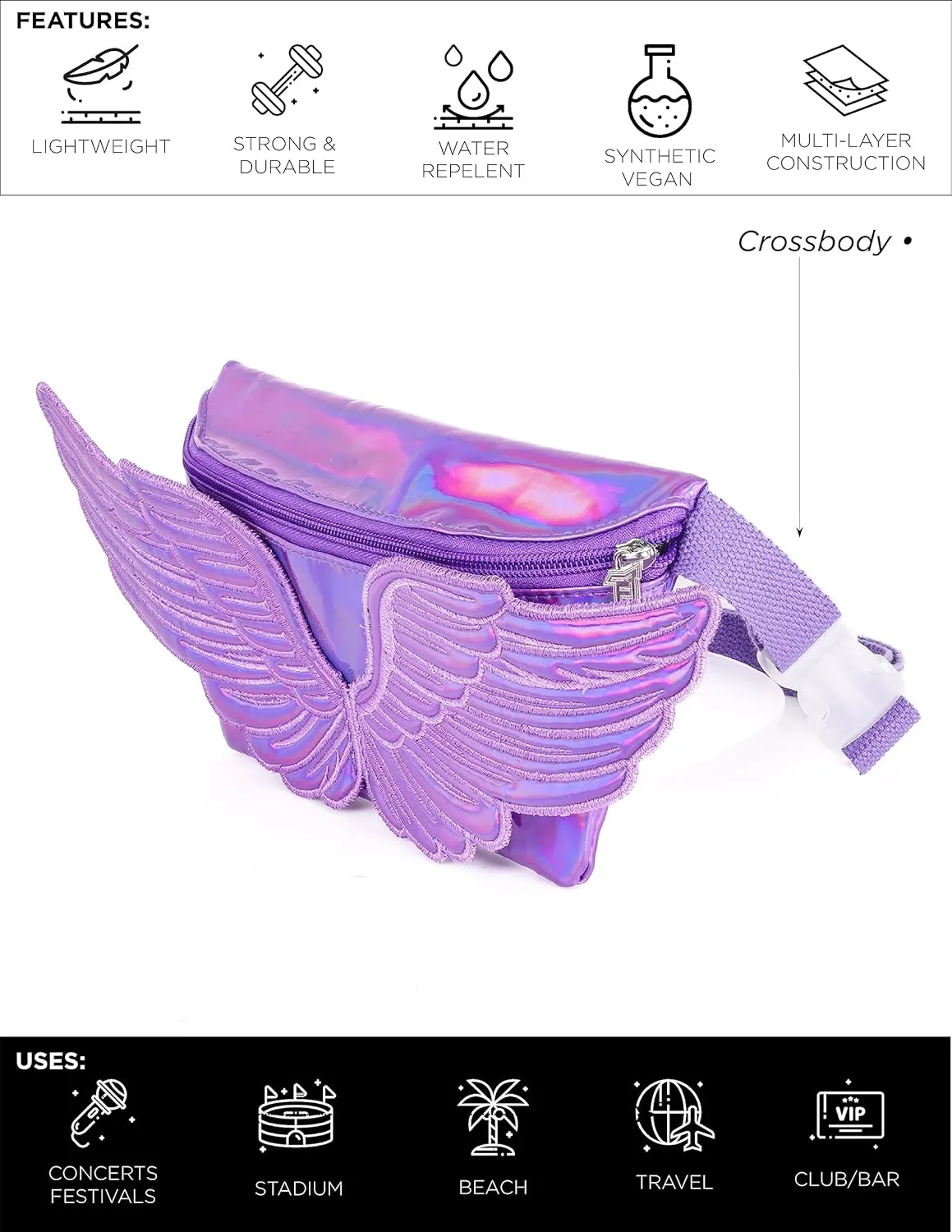 Fanny Pack Women Retro Fanny Pack Crossbody Bag for Women Men Festival Bag Small Cute Fanny Packs Woman Concert Bag Fashion Belt Bag 80s Waist Packs WINGS Purple