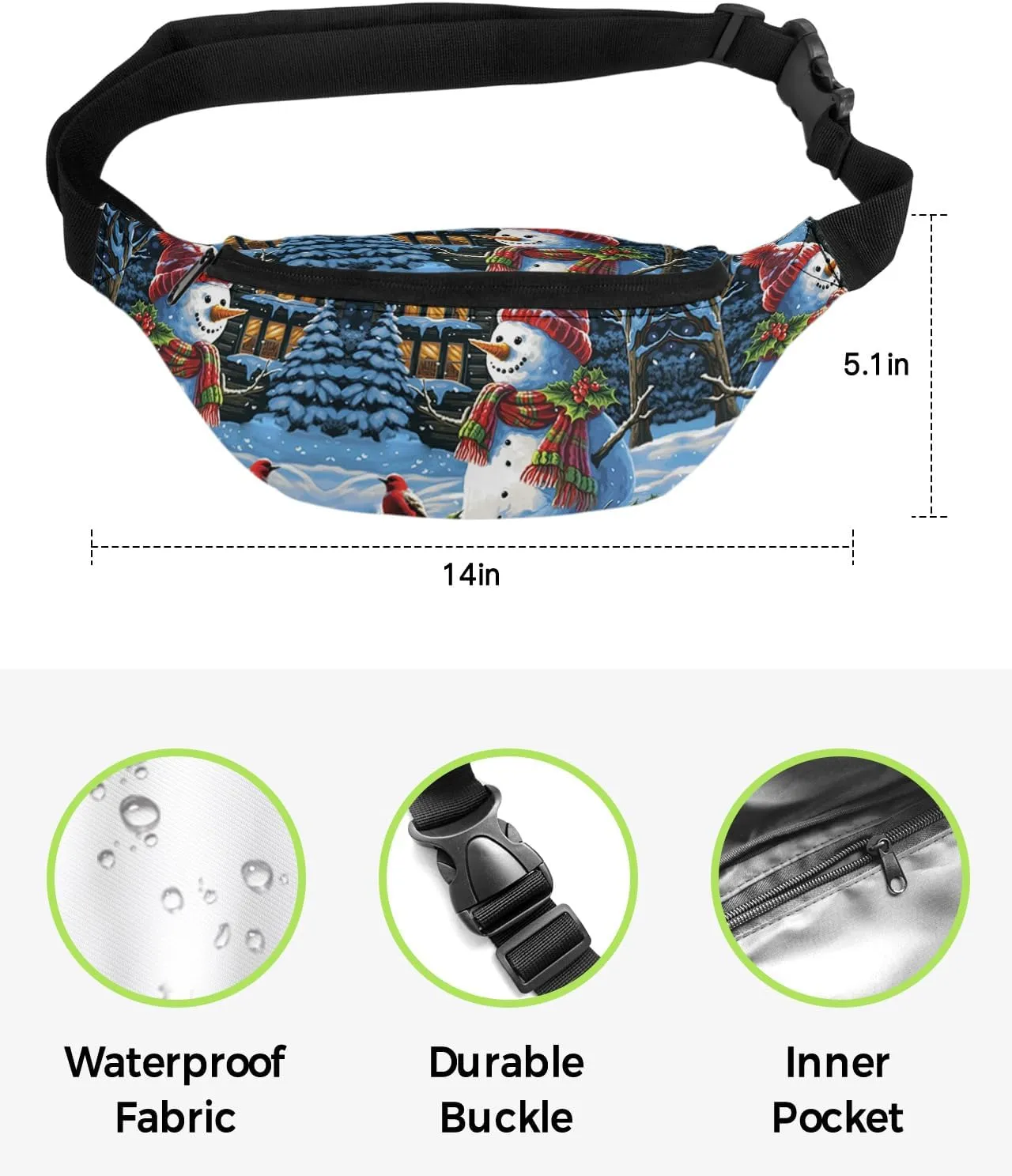 Fanny Pack,Christmas Snowman Holly Robin Homes Tree Winter Scarf Waist Packs with Adjustable Belt,Casual Bag Bum Bags for Travel Sports Running 14"x5"