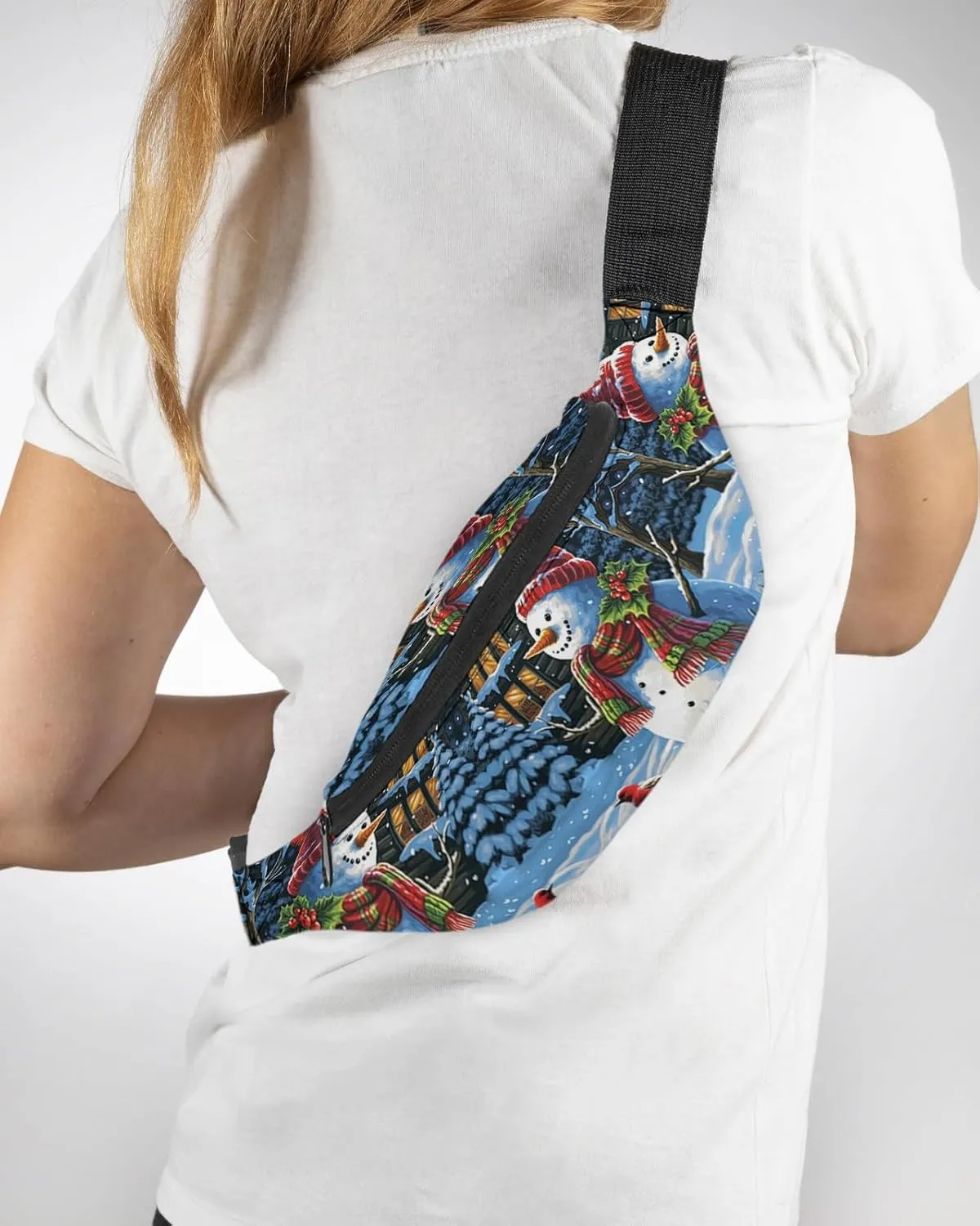 Fanny Pack,Christmas Snowman Holly Robin Homes Tree Winter Scarf Waist Packs with Adjustable Belt,Casual Bag Bum Bags for Travel Sports Running 14"x5"