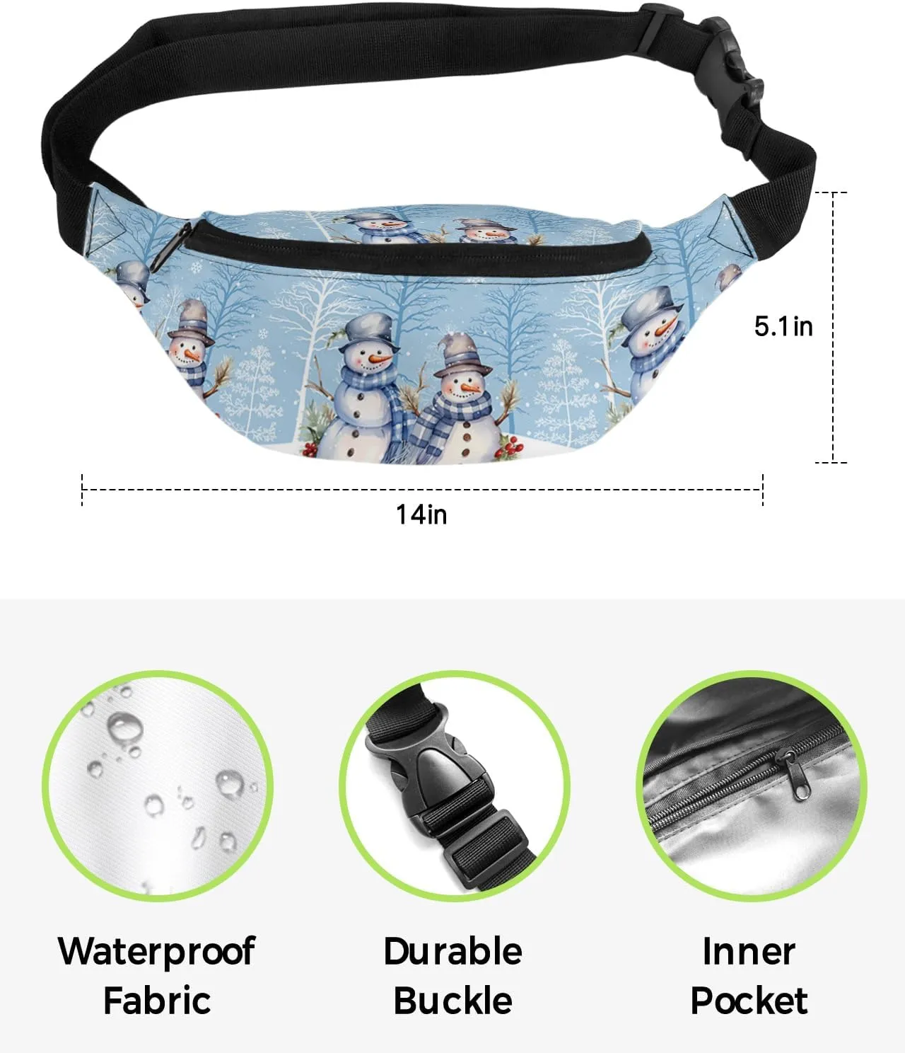 Fanny Pack,Christmas Snowman Snowflake Tree Scarf Pine Needle Winter Blue Waist Packs with Adjustable Belt,Casual Bag Bum Bags for Travel Sports Running 14"x5"