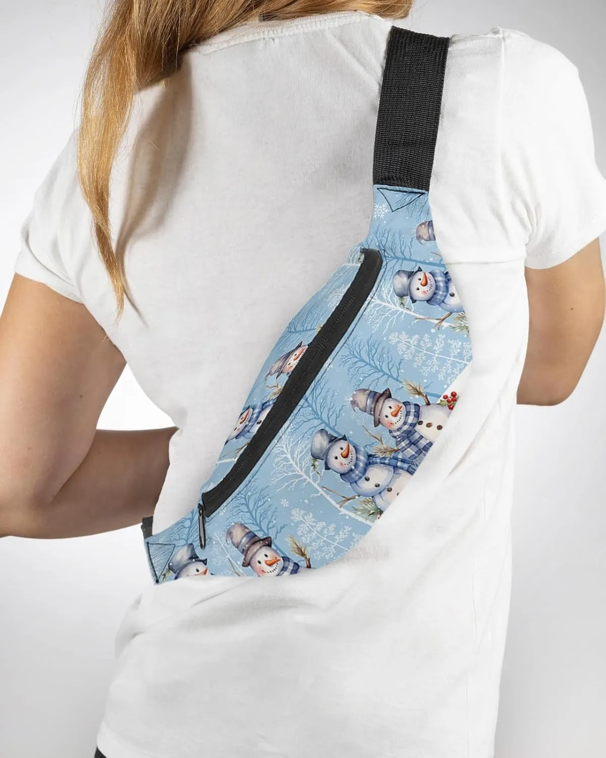 Fanny Pack,Christmas Snowman Snowflake Tree Scarf Pine Needle Winter Blue Waist Packs with Adjustable Belt,Casual Bag Bum Bags for Travel Sports Running 14"x5"