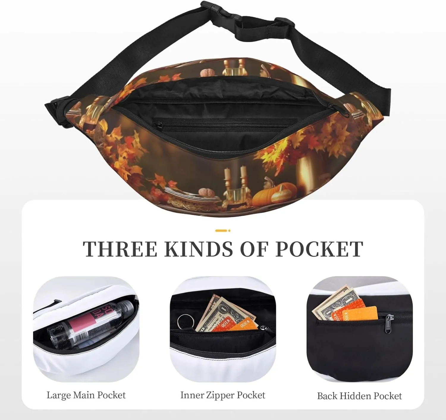 Fanny Packs For Women Men Waist Bag Waterproof Sport Belt Bag Thanksgiving Golden Fall Fashion Waist Pack Adjustable Crossbody Bags Zipper Bum Bag For Running Hiking Travel