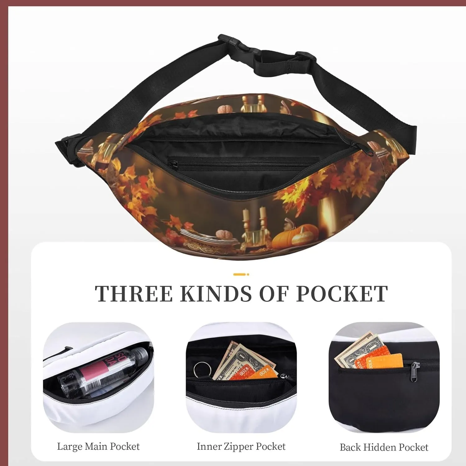 Fanny Packs For Women Men Waist Bag Waterproof Sport Belt Bag Thanksgiving Golden Fall Fashion Waist Pack Adjustable Crossbody Bags Zipper Bum Bag For Running Hiking Travel