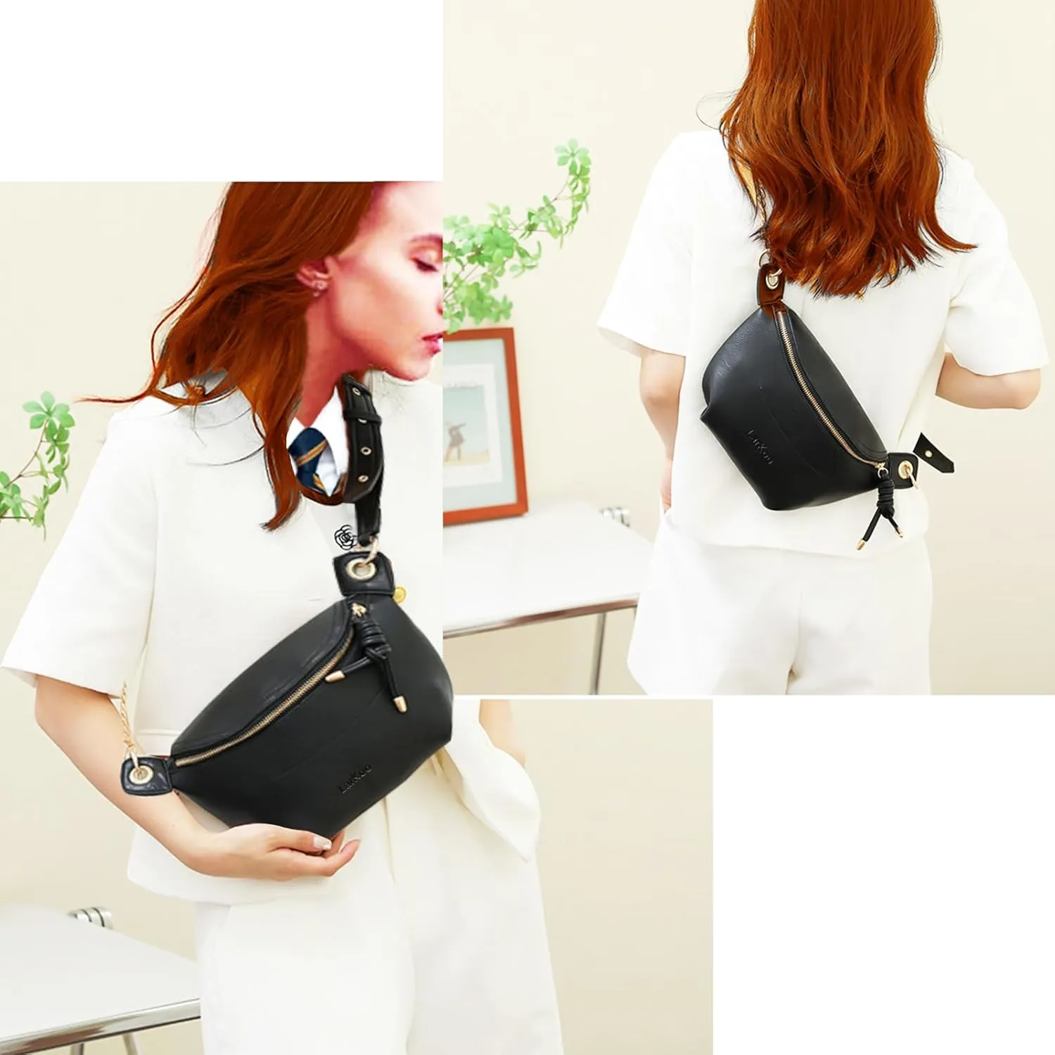 Fanny Packs for Women Vegan Leather Crossbody Bags for Girl Tassel Chest Purses Small Sling Bag with Adjustable Guitar Strap&Chain Belt (Black)