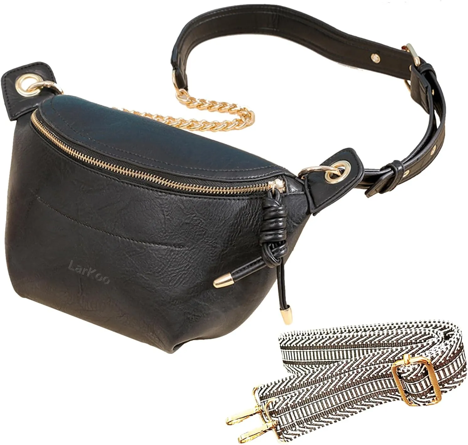 Fanny Packs for Women Vegan Leather Crossbody Bags for Girl Tassel Chest Purses Small Sling Bag with Adjustable Guitar Strap&Chain Belt (Black)