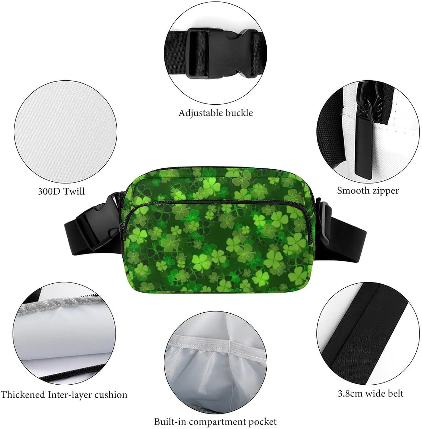 Fanny Packs St Patricks Day Green Shamrock Clover Leaf for Women Men, Fashion Waist Pack Crossbody Bags Belt Bag with Adjustable Strap for Running Hiking Travel