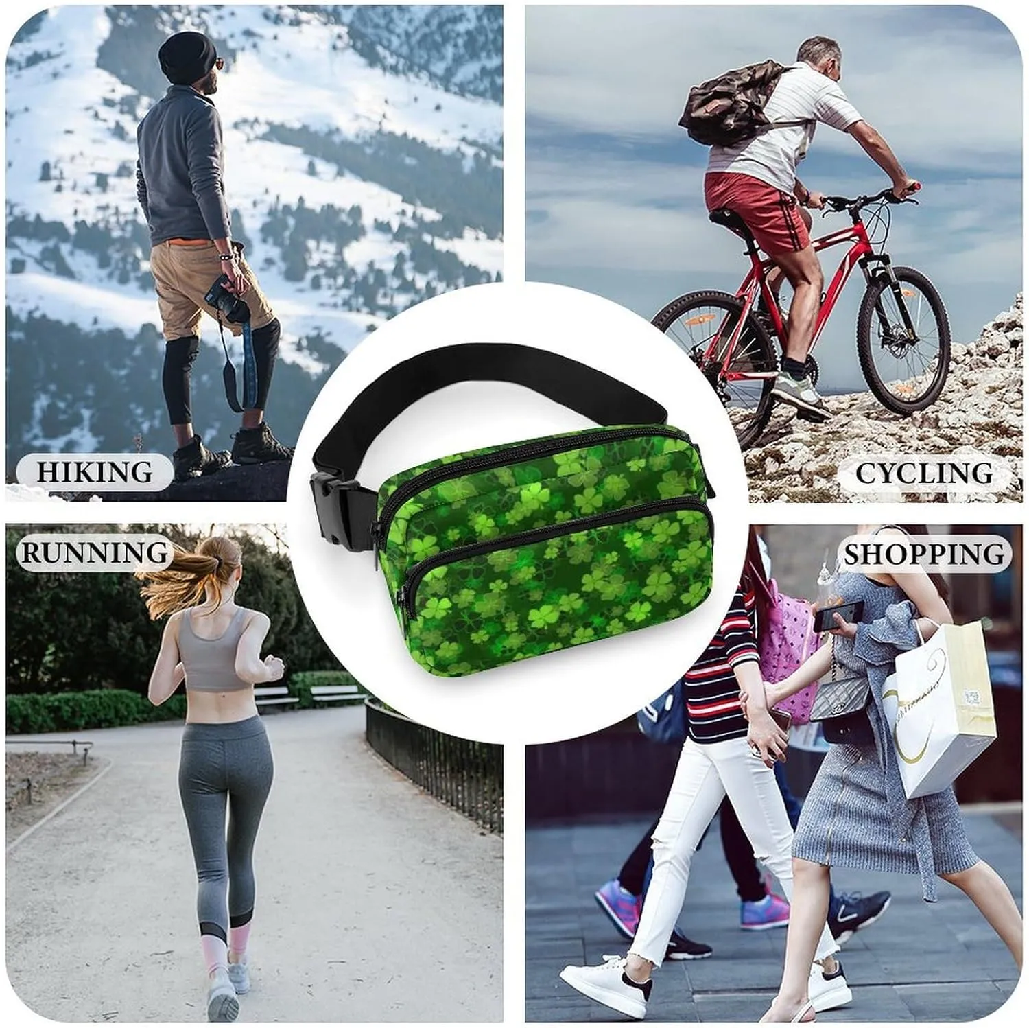 Fanny Packs St Patricks Day Green Shamrock Clover Leaf for Women Men, Fashion Waist Pack Crossbody Bags Belt Bag with Adjustable Strap for Running Hiking Travel