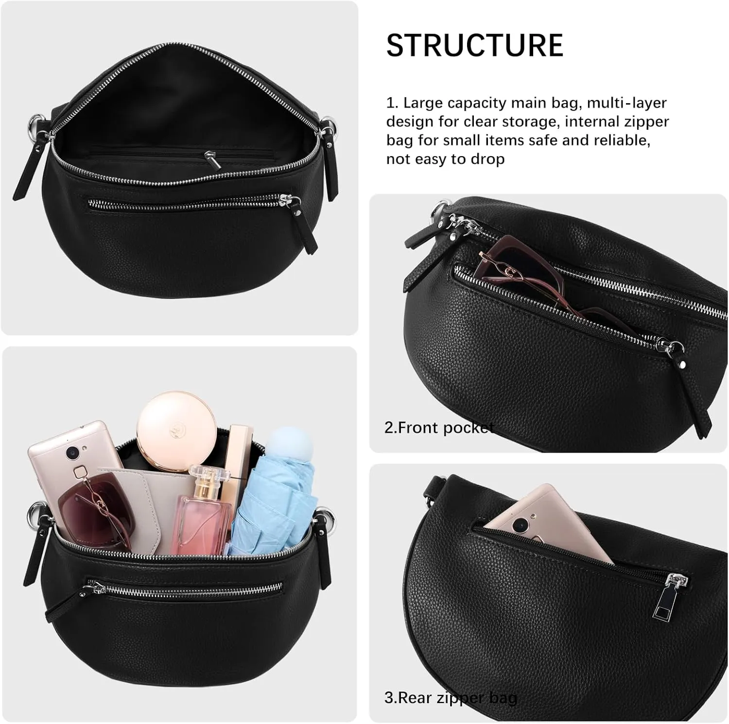 Fashion Leather Crossbody Small Sling Bags Fanny Pack Crossbody Bags Purses Gifts for Women Teen Girls Travel (Black)