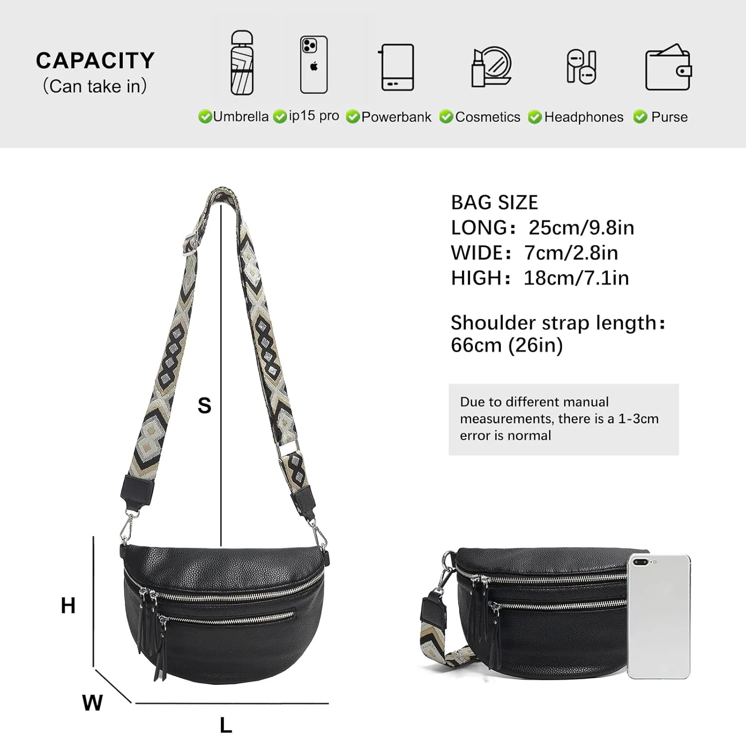 Fashion Leather Crossbody Small Sling Bags Fanny Pack Crossbody Bags Purses Gifts for Women Teen Girls Travel (Black)