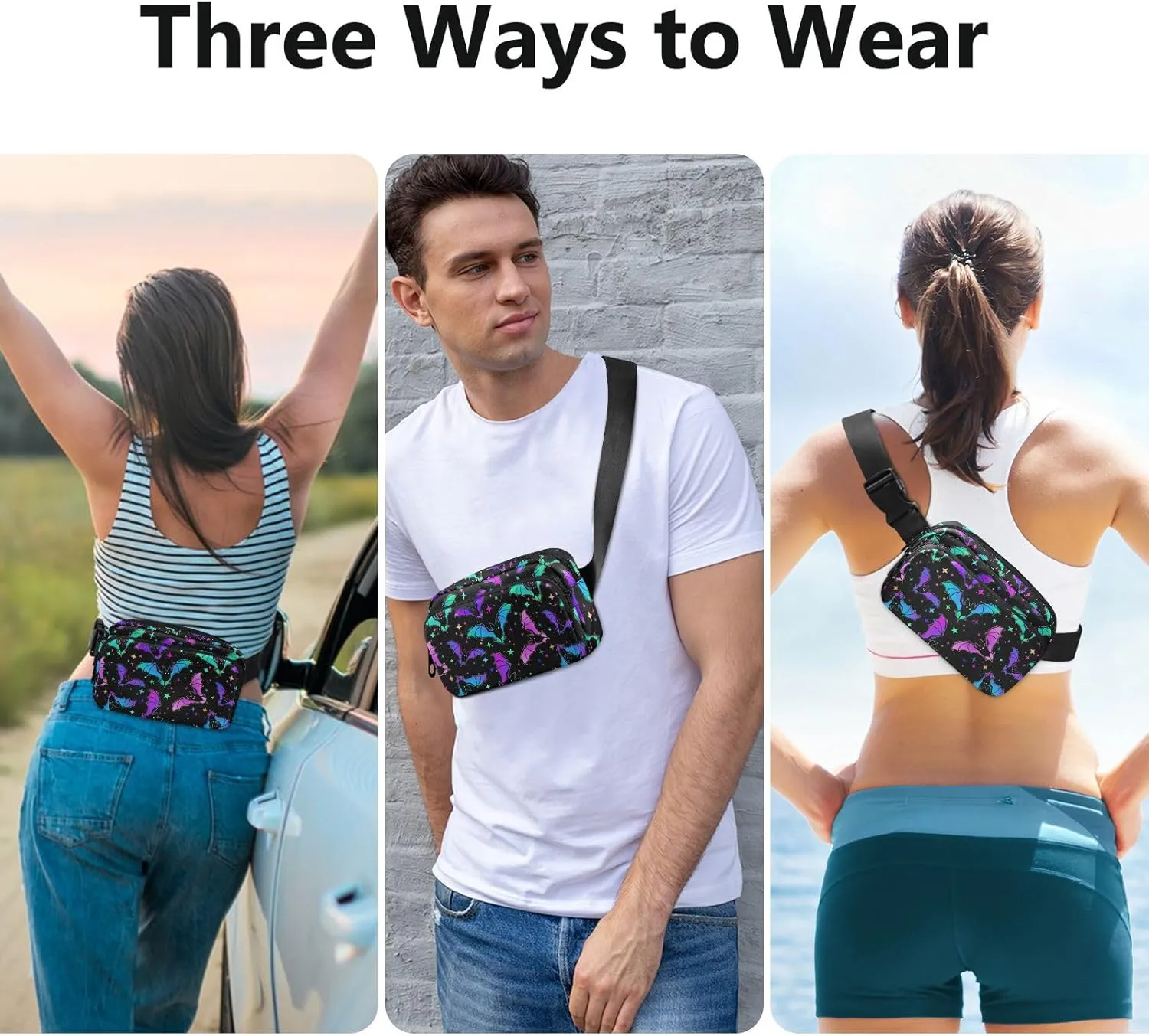 Fashion Waist Pack Crossbody Bags for Women Men with Adjustable Strap, Halloween Luminous Bats Mini Chest Bag Belt Bag for Run Travel Outdoor Cycling Hiking