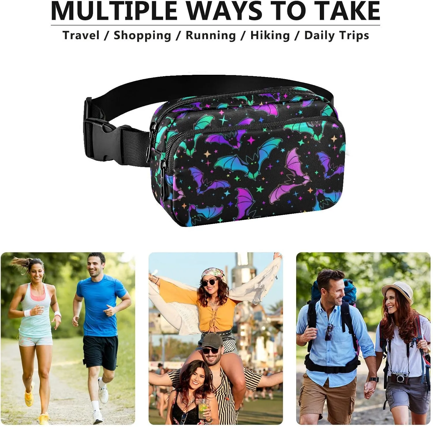 Fashion Waist Pack Crossbody Bags for Women Men with Adjustable Strap, Halloween Luminous Bats Mini Chest Bag Belt Bag for Run Travel Outdoor Cycling Hiking