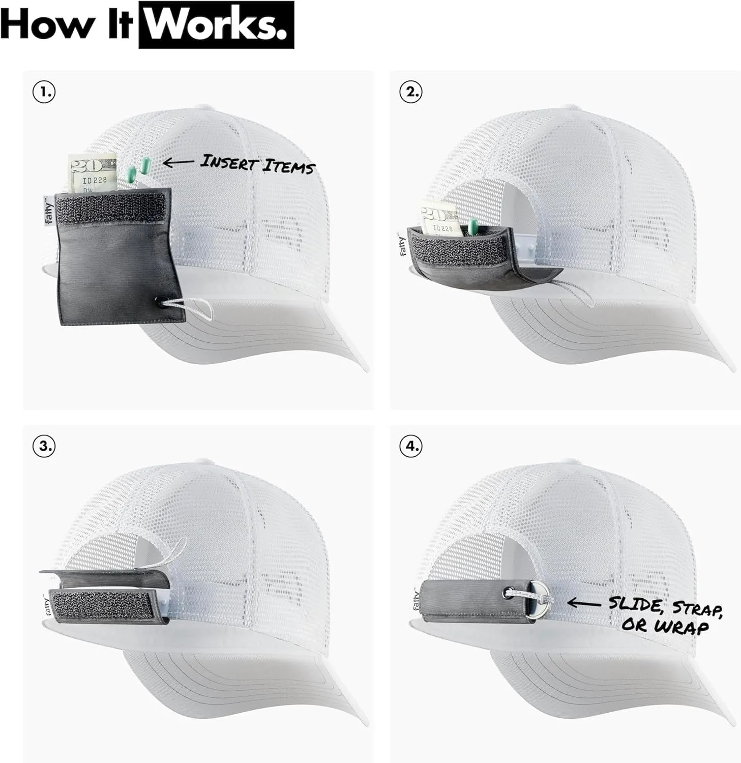 FattyPack - Attachable Storage Pocket for Hats - Store Cash, Medicine, Gum, Keys, Pencils, Pens, Golf Tees, etc. Black/White