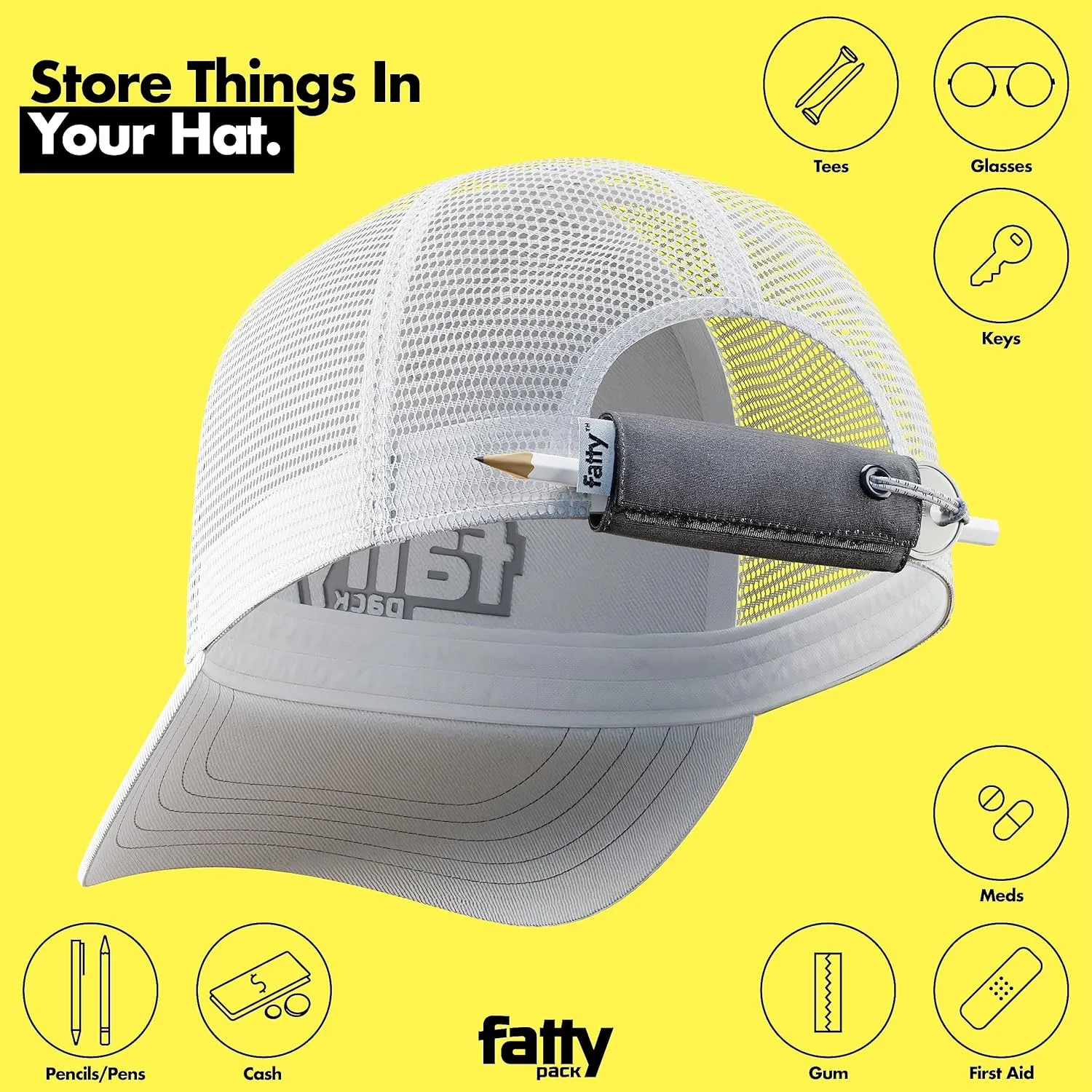 FattyPack - Attachable Storage Pocket for Hats - Store Cash, Medicine, Gum, Keys, Pencils, Pens, Golf Tees, etc. Black/White