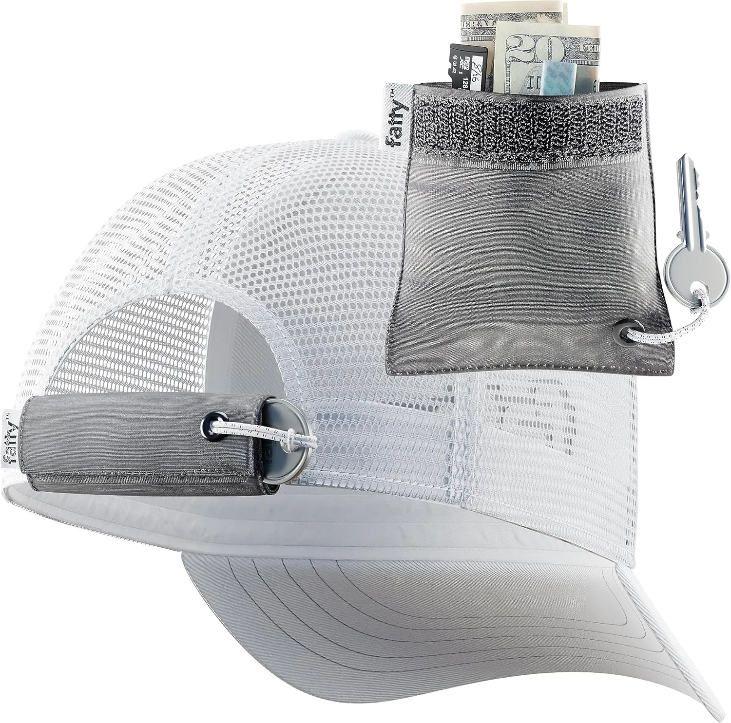 FattyPack - Attachable Storage Pocket for Hats - Store Cash, Medicine, Gum, Keys, Pencils, Pens, Golf Tees, etc. Black/White