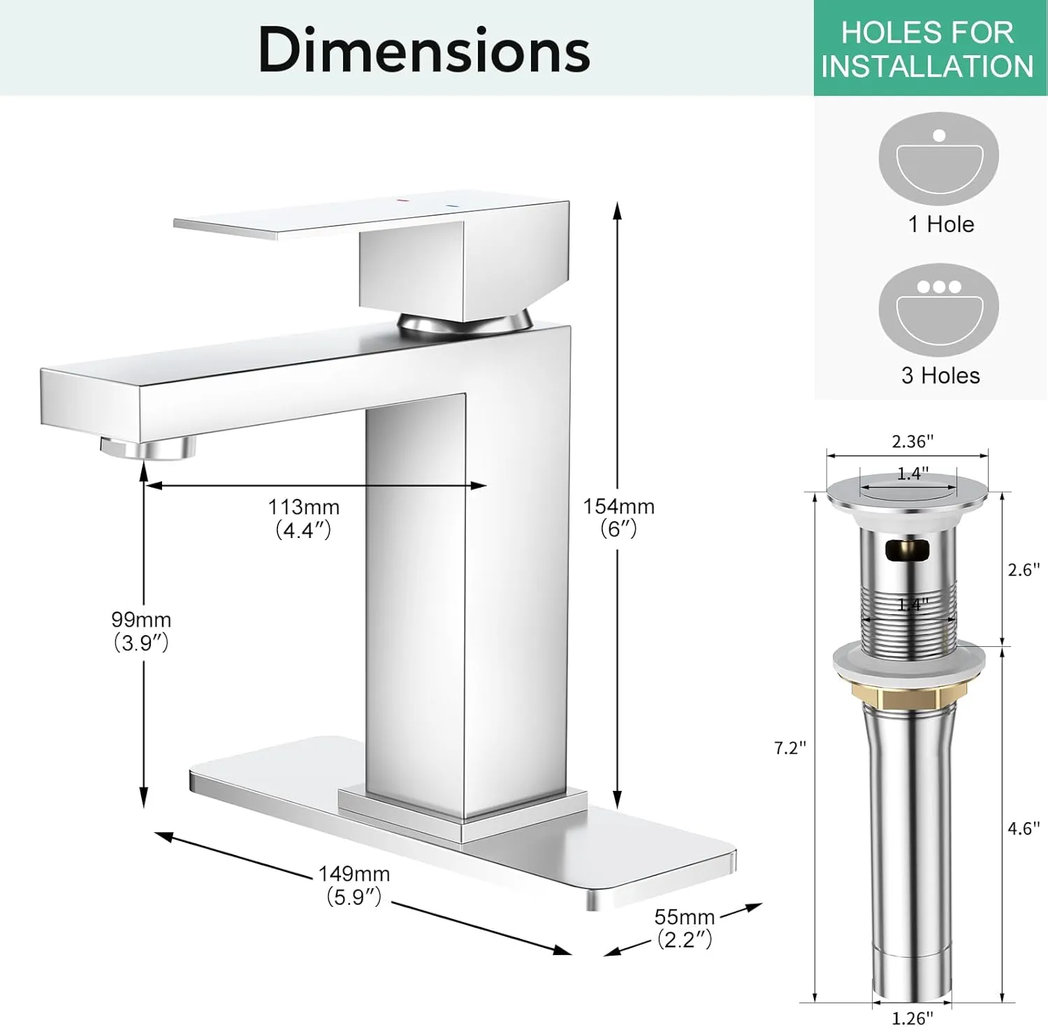 Faustina Polished Chrome Bathroom Faucet,One Hole Bathroom Faucet 3 Hole Bathroom Sink Faucet with Pop Up Drain,Single Handle Bathroom Vanity Faucet Vessel Faucet Lavatory Faucet Stainless Steel