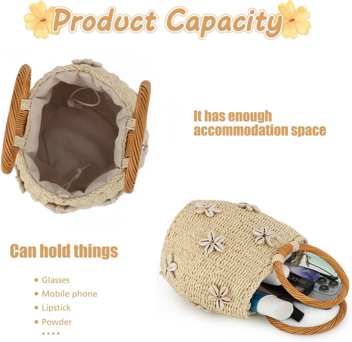 Fecialy Flower Pearls Rattan Tote Bag Straw Bags for Women Drawstring Straw Bucket Bag Summer Beach Woven Handbag