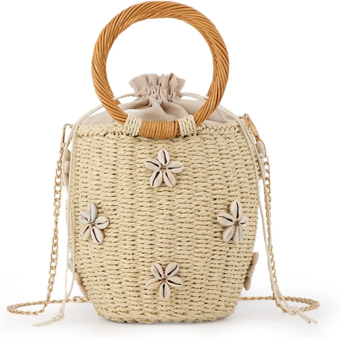 Fecialy Flower Pearls Rattan Tote Bag Straw Bags for Women Drawstring Straw Bucket Bag Summer Beach Woven Handbag