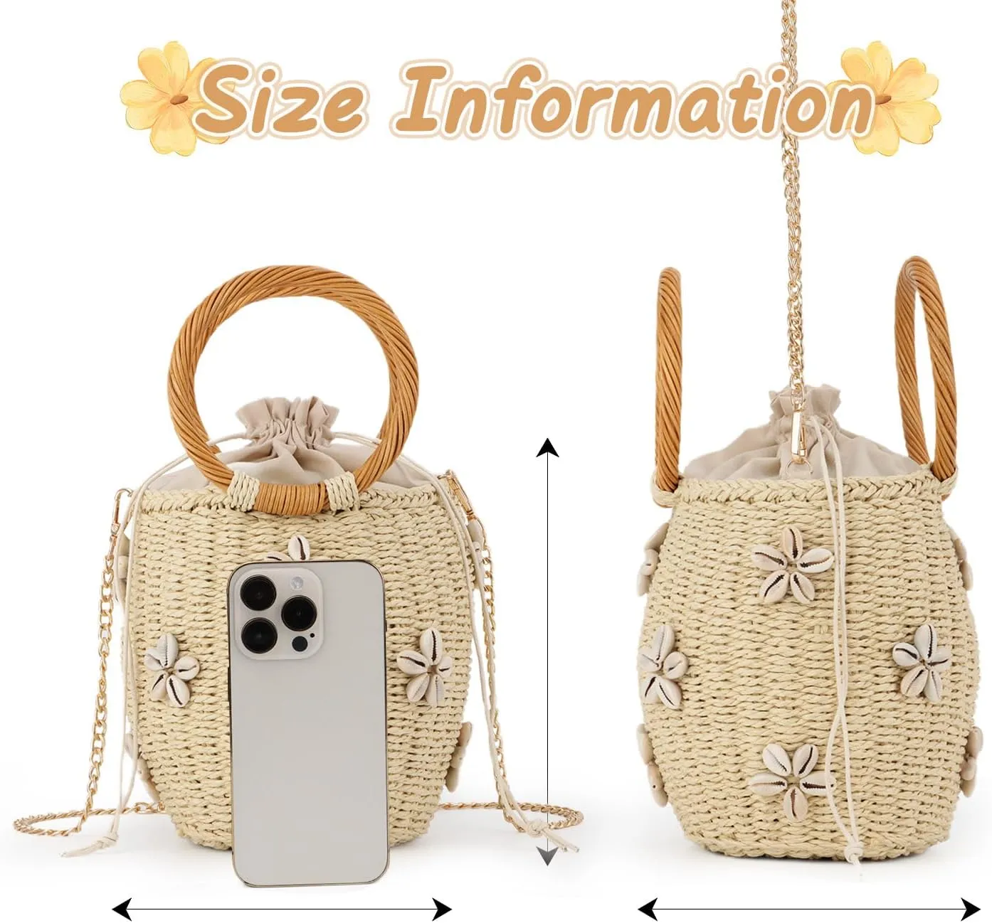 Fecialy Flower Pearls Rattan Tote Bag Straw Bags for Women Drawstring Straw Bucket Bag Summer Beach Woven Handbag