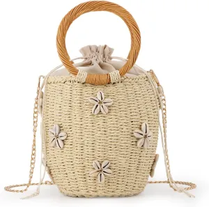 Fecialy Flower Pearls Rattan Tote Bag Straw Bags for Women Drawstring Straw Bucket Bag Summer Beach Woven Handbag