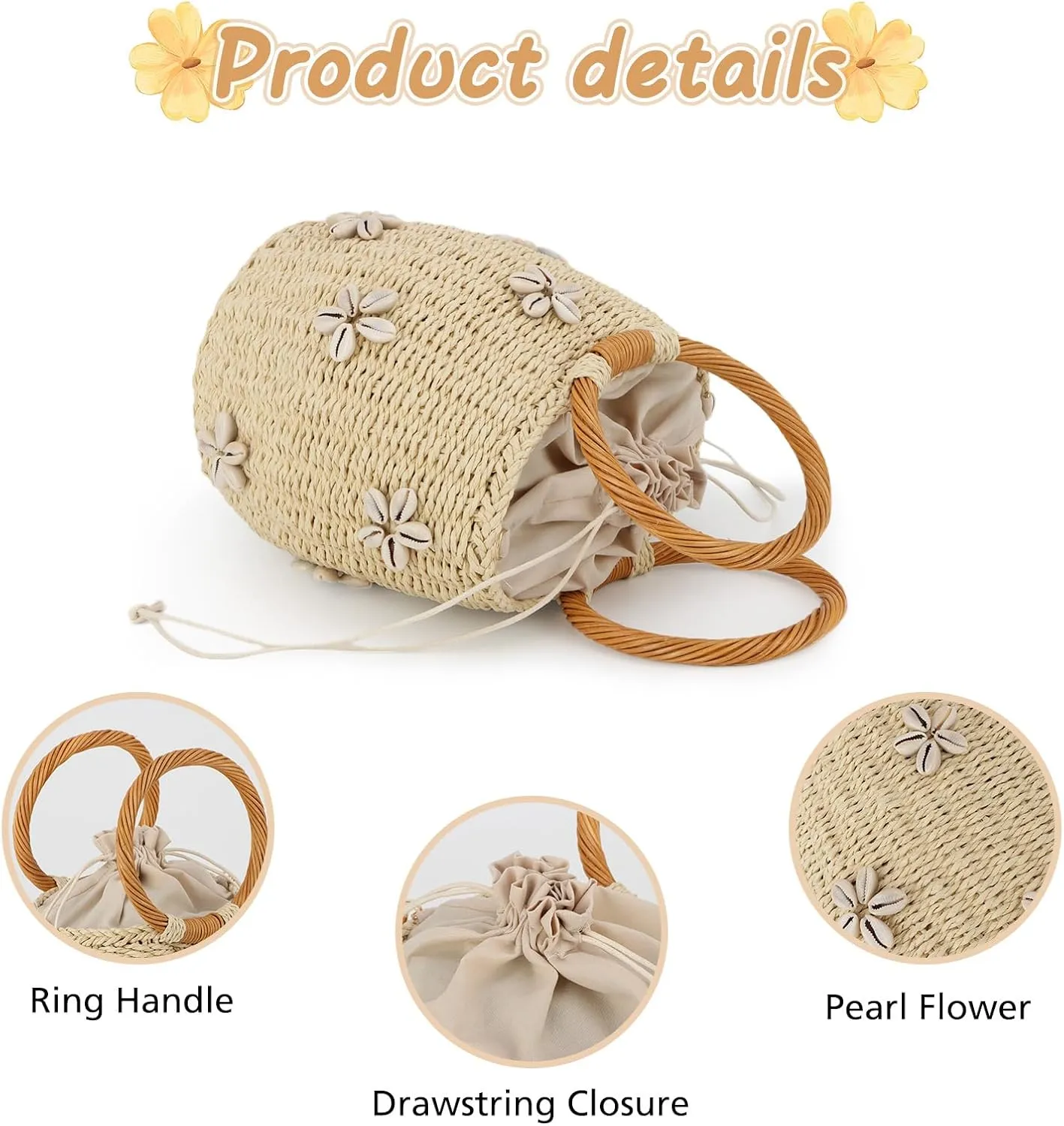 Fecialy Flower Pearls Rattan Tote Bag Straw Bags for Women Drawstring Straw Bucket Bag Summer Beach Woven Handbag