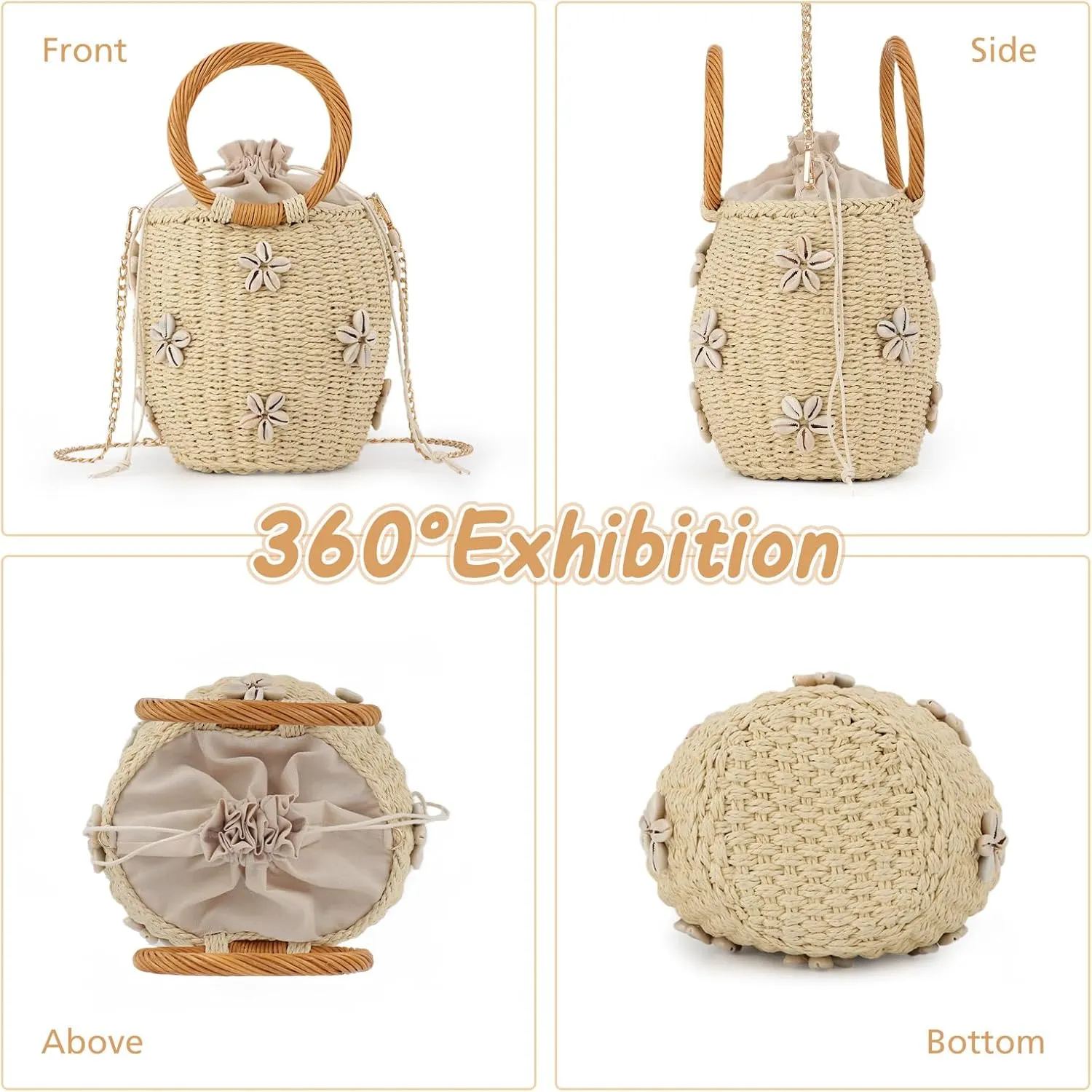 Fecialy Flower Pearls Rattan Tote Bag Straw Bags for Women Drawstring Straw Bucket Bag Summer Beach Woven Handbag