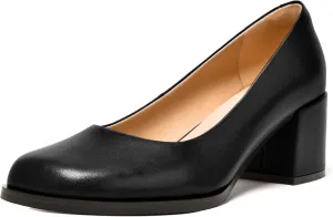FEMSTEP Womens Casual Slip On Block Matte Leather Square Toe Chunky Low Heel Pumps Shoes 2.5 Inch