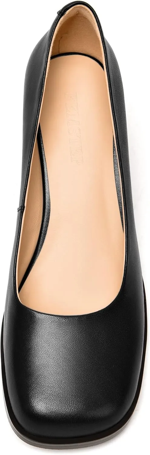 FEMSTEP Womens Casual Slip On Block Matte Leather Square Toe Chunky Low Heel Pumps Shoes 2.5 Inch